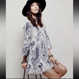 Free People Paisley Mini Dress in Blue and White